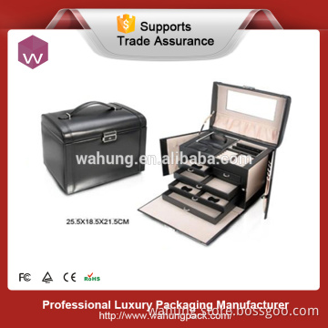 Black leather large jewelry box jewel case boxes (WH-3167)